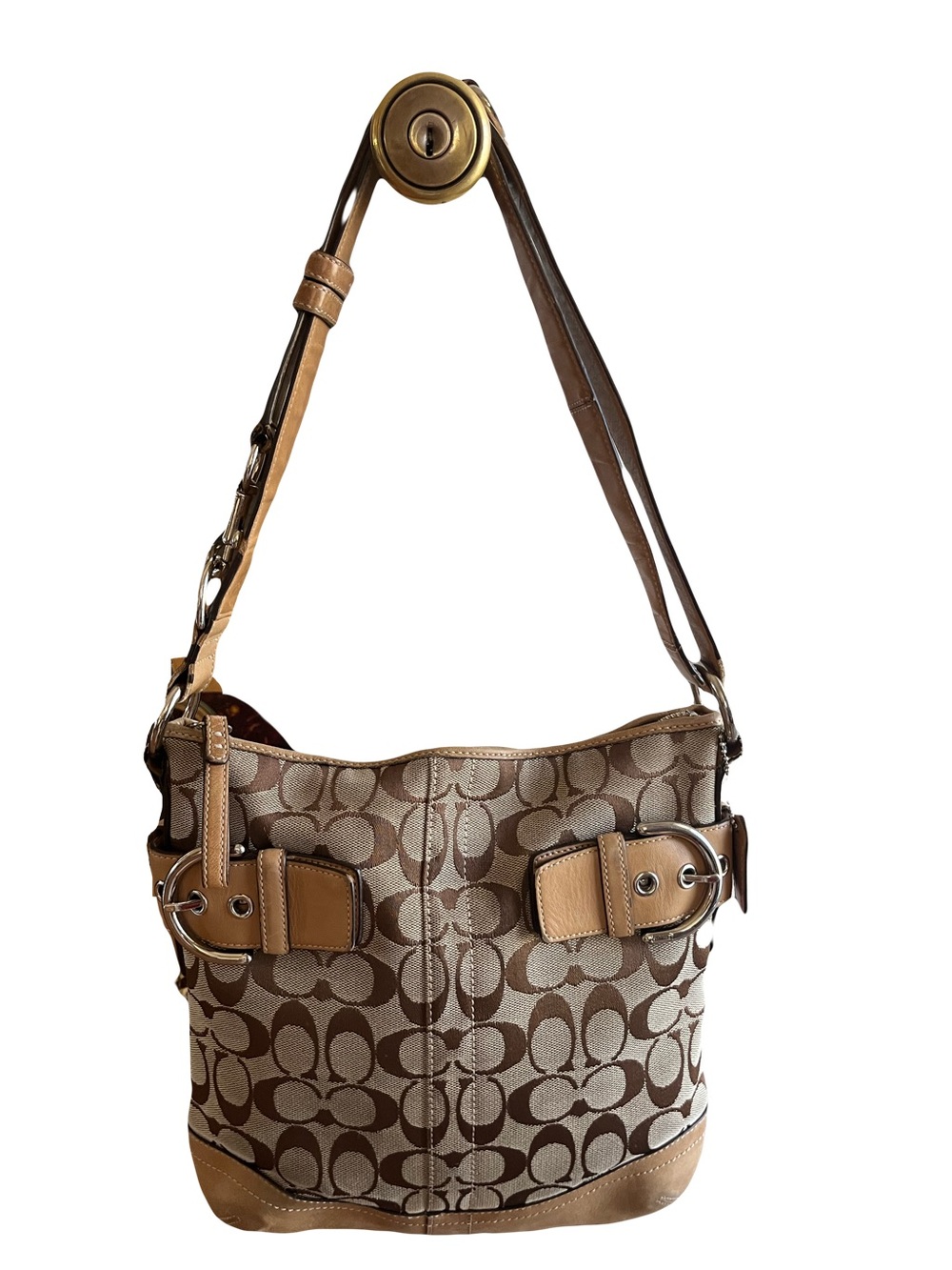 Coach Brown Signature Canvas Shoulder Bag with Tan Leather Trim
